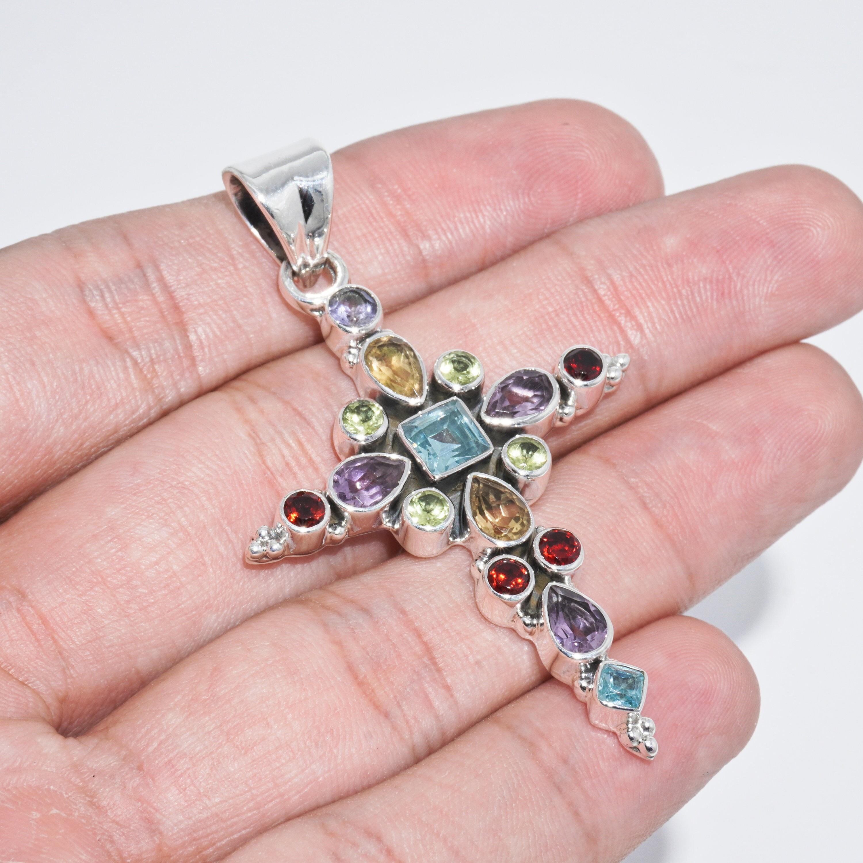 Multi-Gemstone Cross Pendant: 925 Sterling Silver Spiritual Charm onesize аметист