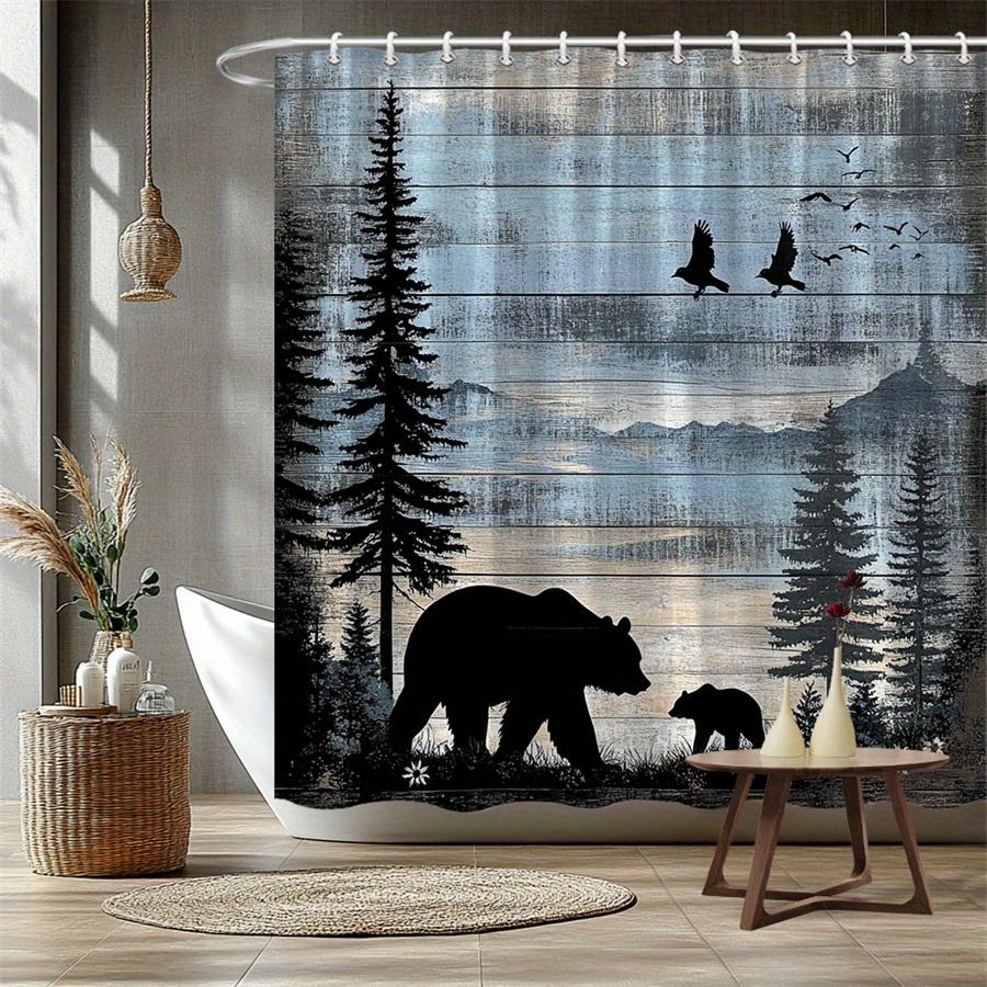 Forest silhouette shower curtain wood grain background bear family and pine trees, guest modern bathroom decoration country art