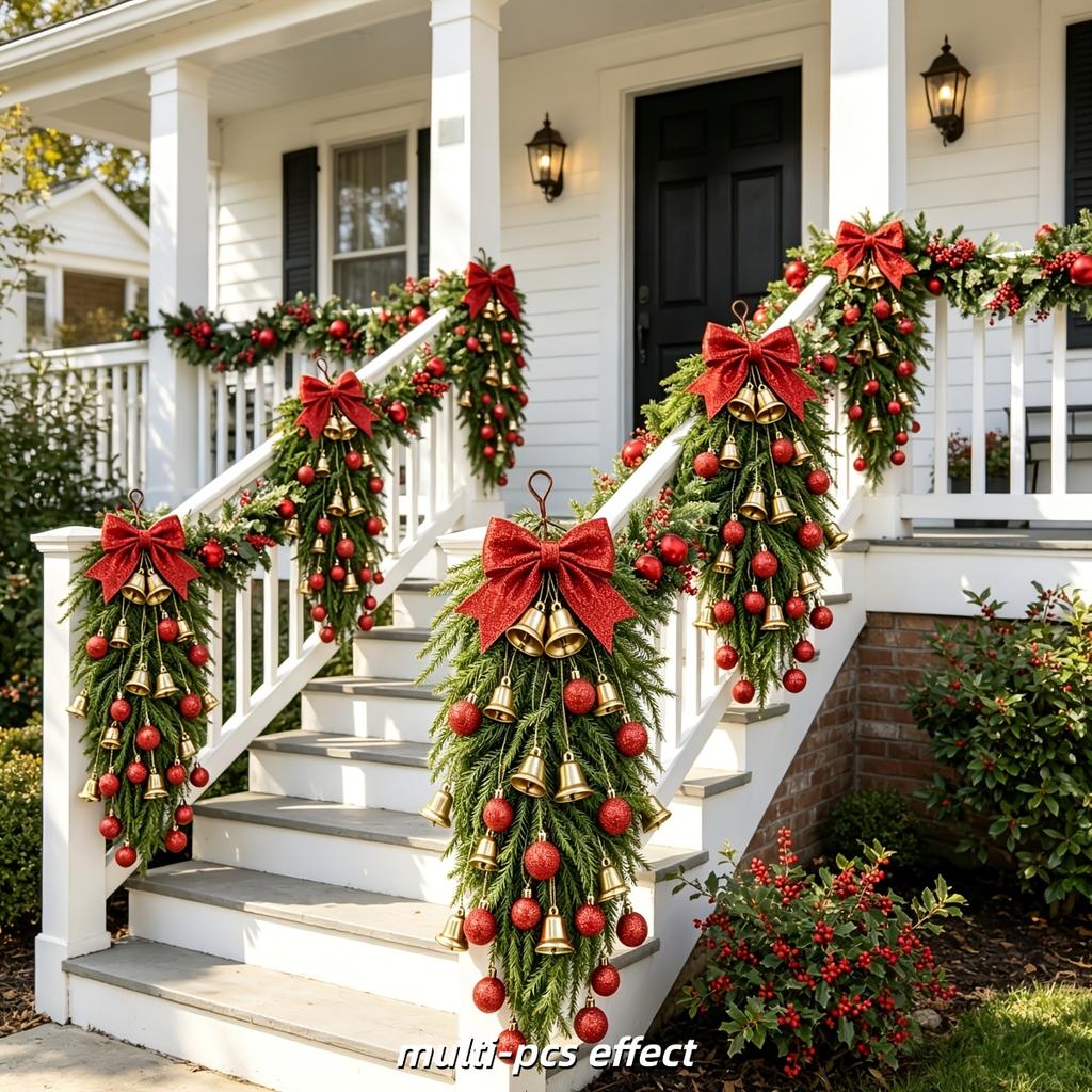 14Pcs Luxury Set - Christmas Artificial Norfolk Pine, Golden Bells, And Shiny Christmas Balls DIY Combination, Classic Red And Gold Color Scheme