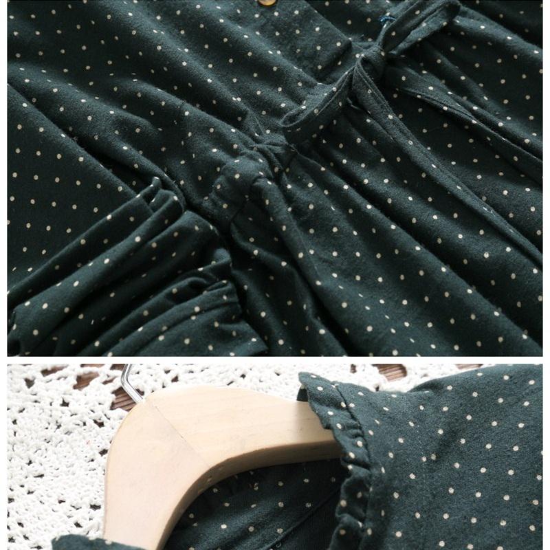 Plus Size Spring Autumn Women Dress Stand Collar Polka Dot Green Navy Blue Dress Elegant Long-Sleeved String Mini Dress