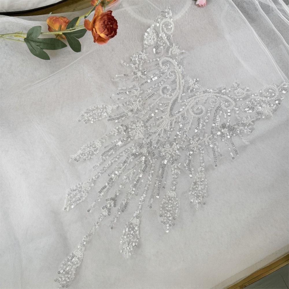 European Style Beaded Sequins Lace Patch White Wedding Dress Applique Front Chest