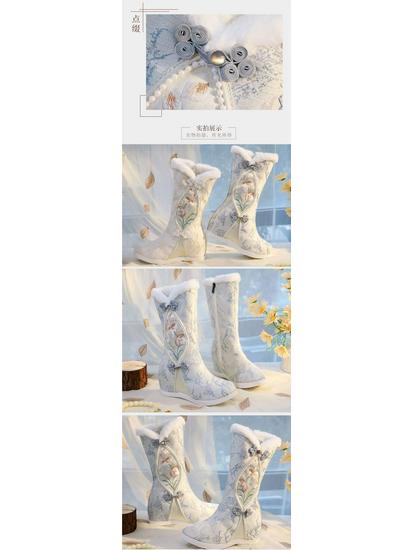 Vyšívané zimní Hanfu kozačky po kolena: Etnický styl, Plyšová bavlna, Vnitřní zvýšení výšky