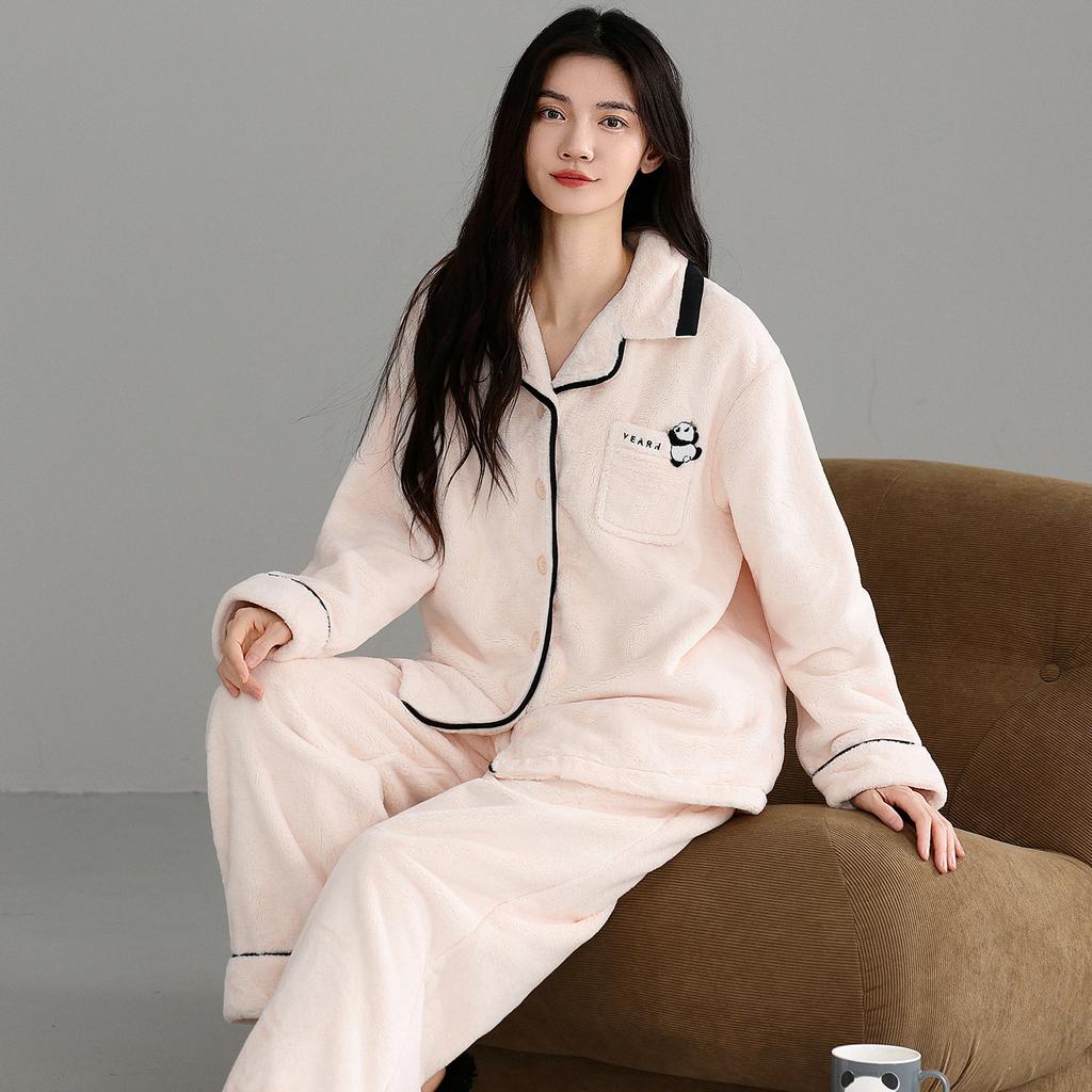Coral Fleece Pajamas Women'S Autumn And Winter Thickened Fleece Flannel High-End Sweet And Warm Winter Loungewear Set