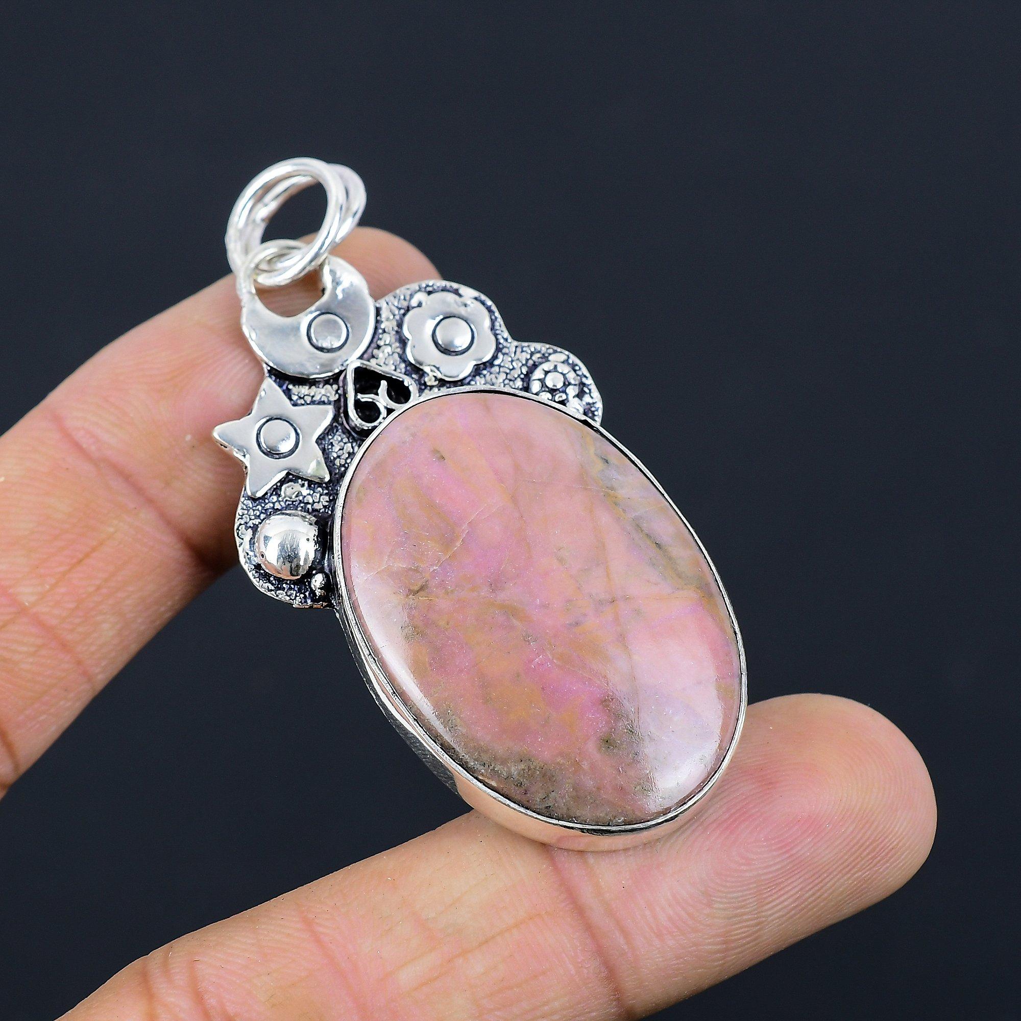

Mothers day Sale Natural Rhodonite Sterling Silver Sister Bezel Pendant Jewelry