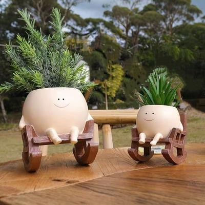 1PC Cute Ceramic Succulent Pot – Smiling Rocking Chair Style Mini Planter for Home Garden Decor