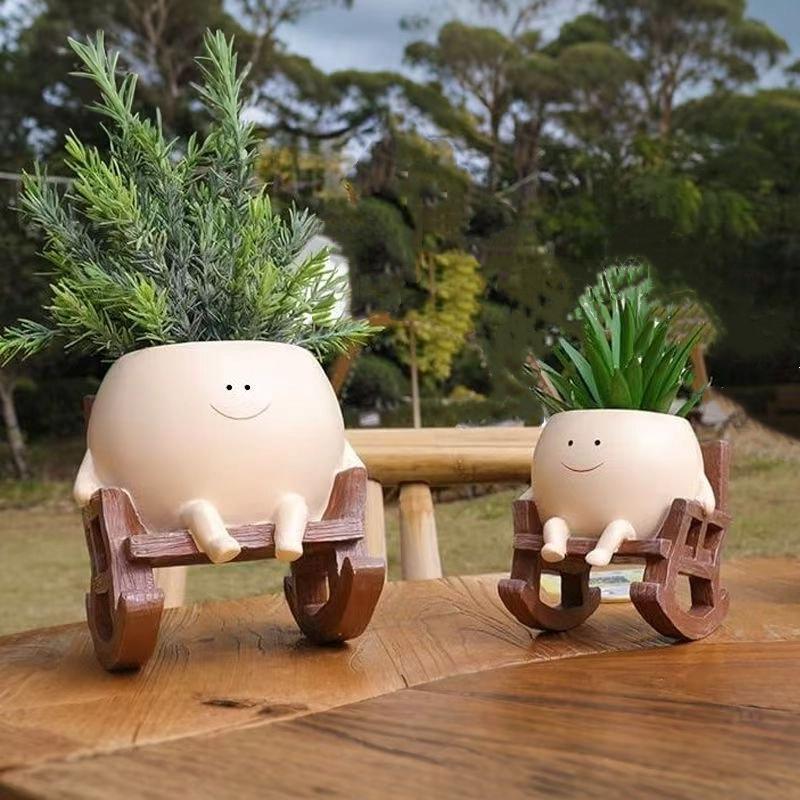 1PC Cute Ceramic Succulent Pot – Smiling Rocking Chair Style Mini Planter for Home Garden Decor