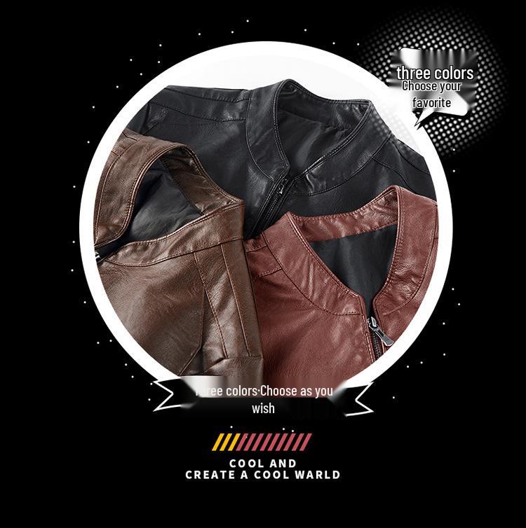 Men's Slim Fit Genuine Leather Jacket with Stand Collar and Velvet Lining - Casual Motorcycle Outerwear