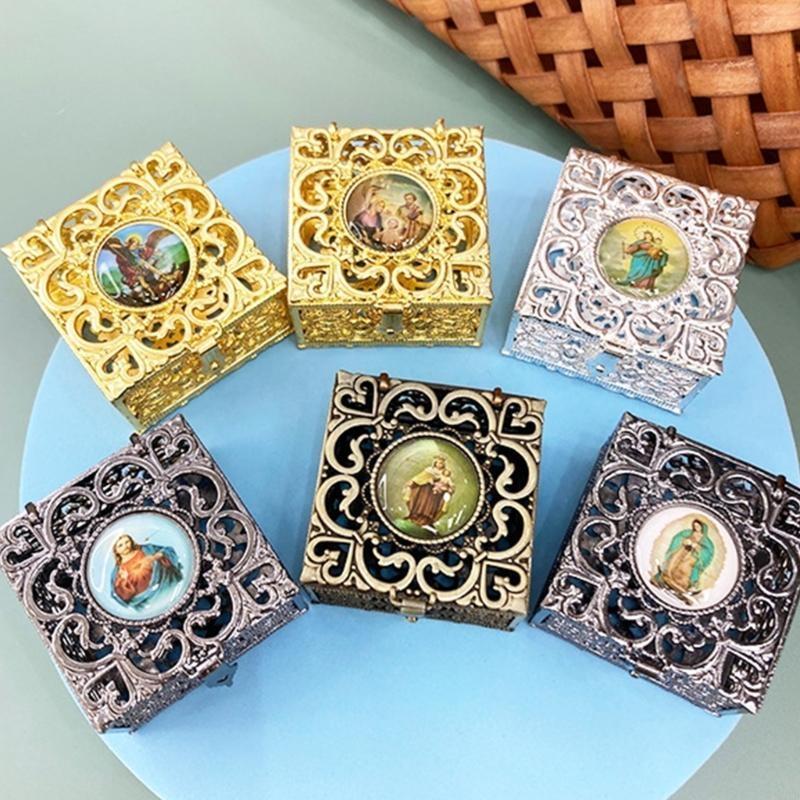 62KD Rosary Bead Box Necklace Metal Christian Catholic Religious Jewelry Case Storage