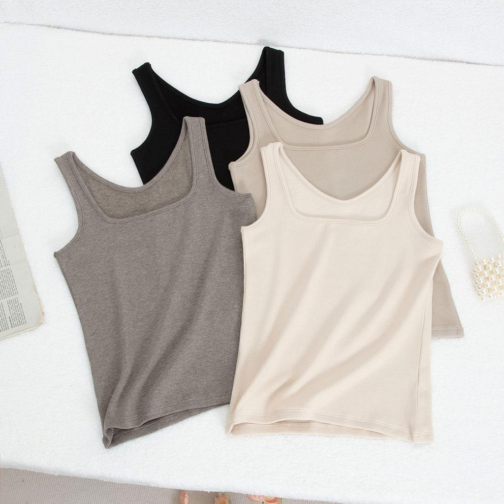 Women's Slim Fit Brushed Square Neck Camisole - Solid Color Warm Base Layer for Autumn and Winter