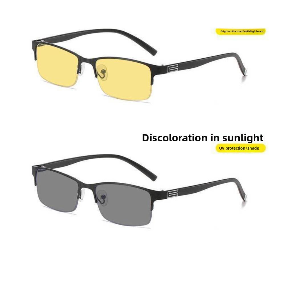 TR90 Color Changing Night Vision Glasses Men Business Half-frame Stylish Photochromic Eyeglasses UV-blocking Driving Sunglasses