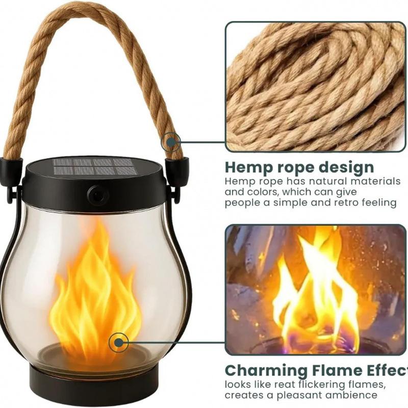 Solar Dancing Flame Lantern, Hanging Rope Outdoor Light, Waterproof Patio Decoration, Warm Flickering Ambiance Lamp