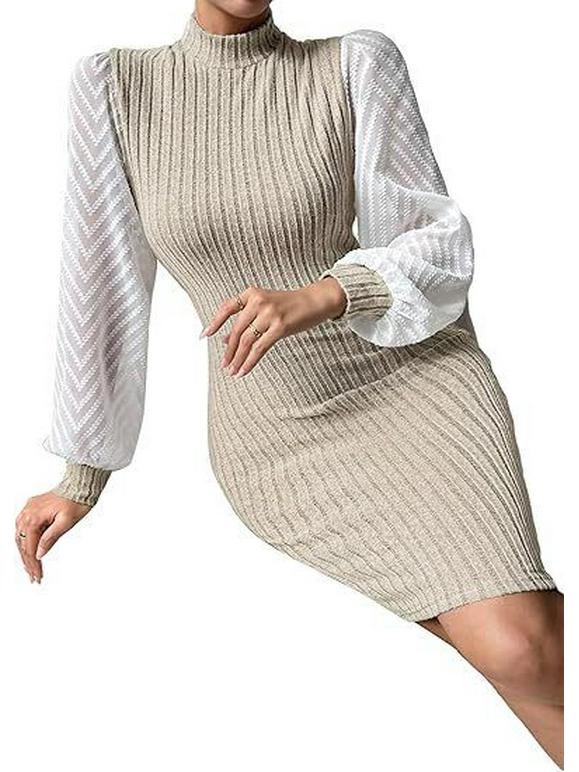 Women's High Neck Ribbed Knit Long Sleeve Bodycon Mini Dress