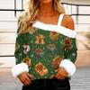Women's Casual Fashion Sexy Off-Shoulder Collar Christmas Pattern Long Sleeve Crewneck T-Shirt Top