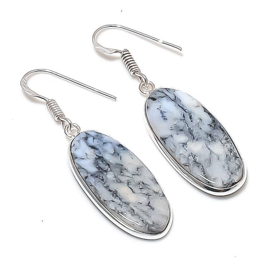 Natural Dendrite Opal Gemstone 925 Sterling Silver Jewelry Earring 1.77" AEE-10675