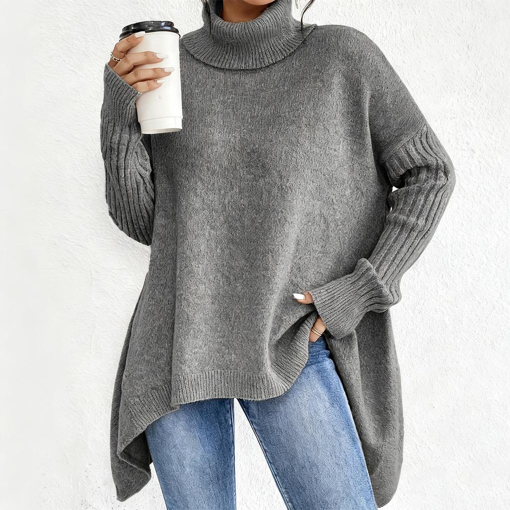 Dámský pohodlný volný módní ležérní svetr pulovr s vysokým krkem a spuštěnými rameny, silný úplet
