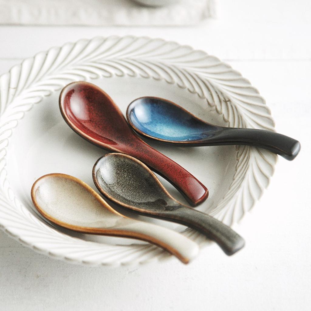 Japanese-Style Kiln-Changed Spoons, Rice/Soup/Porridge/Dessert Spoons, Household & Restaurant Use Curved Soup Spoons