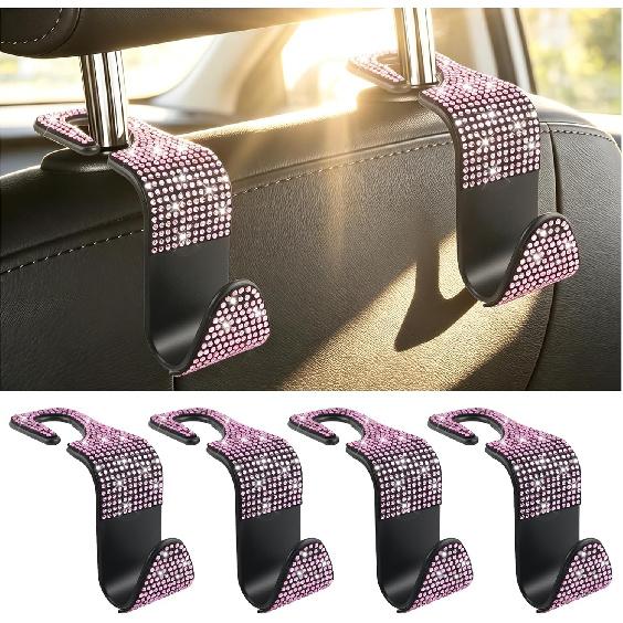 4 Pack Bling Headrest Hooks for Car with Rhinestone,Stylish Purse Hook for Cars Storage and Decorations,Universal Premium Car Hooks Cars Accessories