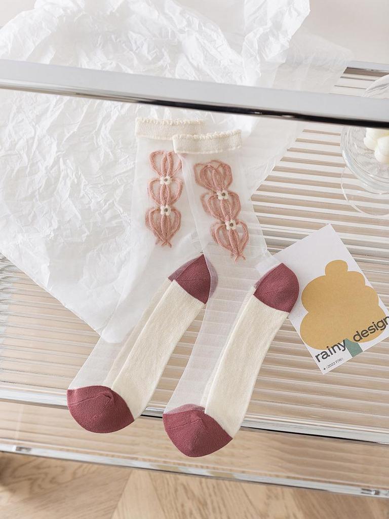 Tulpenmuster Transparente Seiden-Kniestrumpfhosen für Damen – Trendige Sommersocken