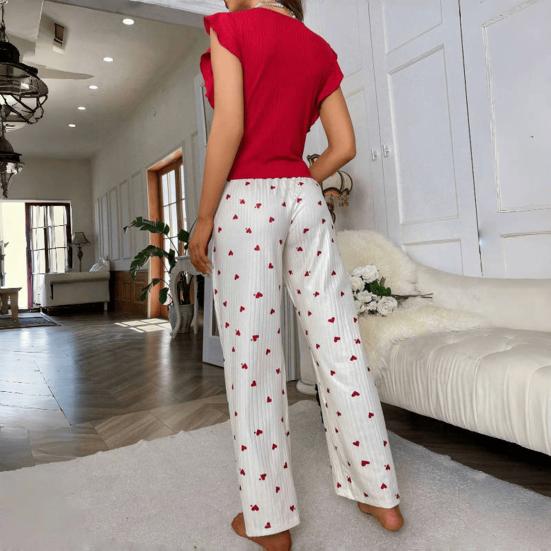 Women's Heart Print Pants Pajama Set Crewneck Ruffle Cap Sleeve And Long Pants 2 Piece Sleepwear Set Soft Lounge Pjs Set