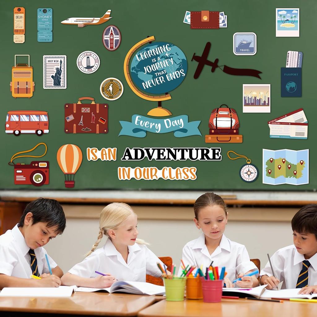 Travel Bulletin Board Decoration Learning Is a Journey Bulletin Cutouts Adventure Theme Classroom Decor Travel Map Poster Set for Teachers Students