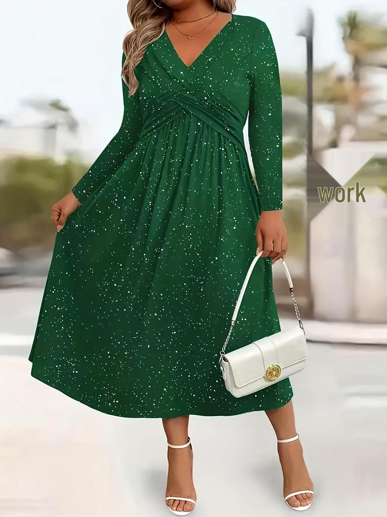Elegante Vestito Glitterato Scollo a V Manica Lunga Taglie Forti con Tasche - Stile Europeo & Americano 2026