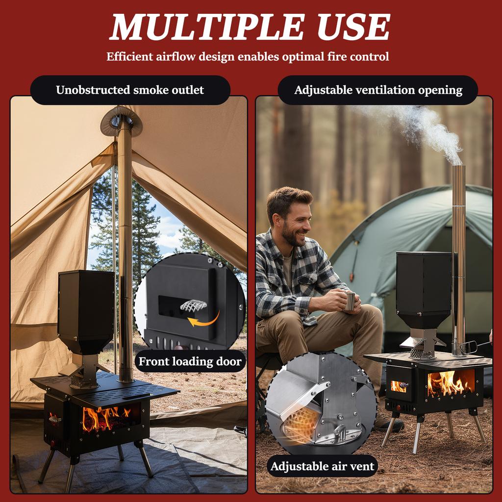 Portable Wood Burning Stove with Stainless Steel Construction Small Wood Stove Chimney Pipes Included for Outdoor Cooking Hiking