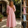 Soft Fabric Women Dress Summer Midi for Women, Button Down Long Sleeve Simple Style A-line Dress, Casual Loose V Neck Flowy Vacation Outfits Polyester