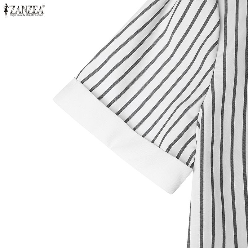 ZANZEA Women Elegant Casual Turn Down Collar Short Sleeve Loose Stripe Dress
