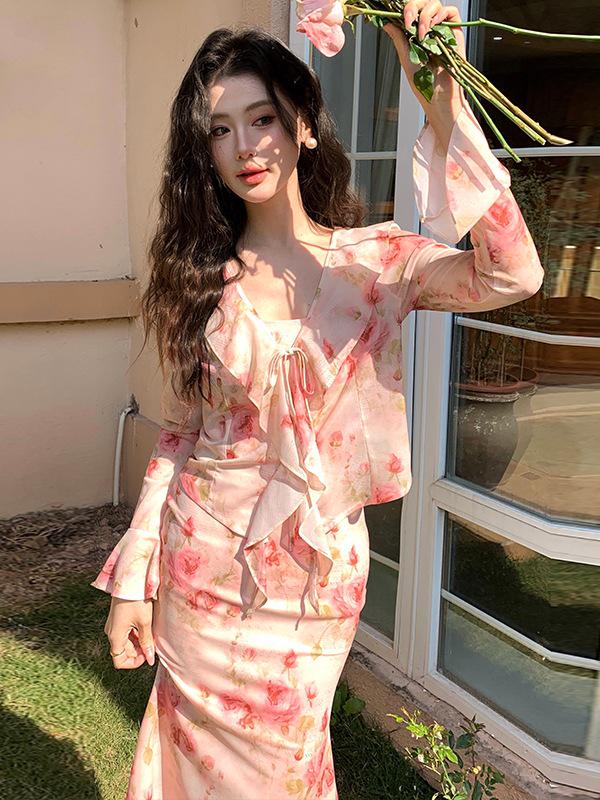 Women's Slim Waist Sleeveless Spring Print Two-Piece Dress