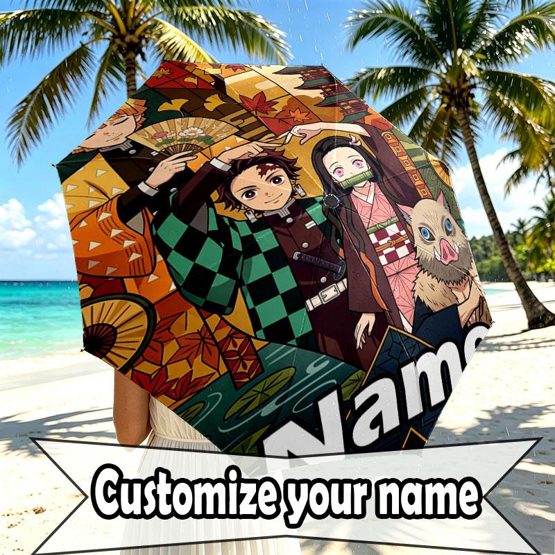 Custom Name Personalized Demon Slayer Anime Print Umbrella, Auto Open Close, 8‑Rib Sturdy Frame, Commute Camping Hiking Use, Birthday Gift