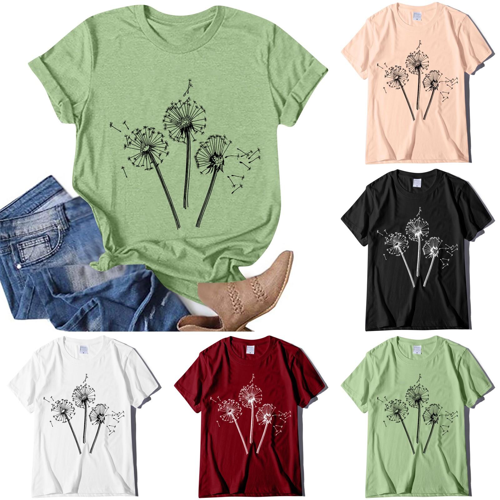 

(Куниде) Женская летняя повседневная футболка со свободным принтом пуловер с круглым вырезом топ с коротким рукавом