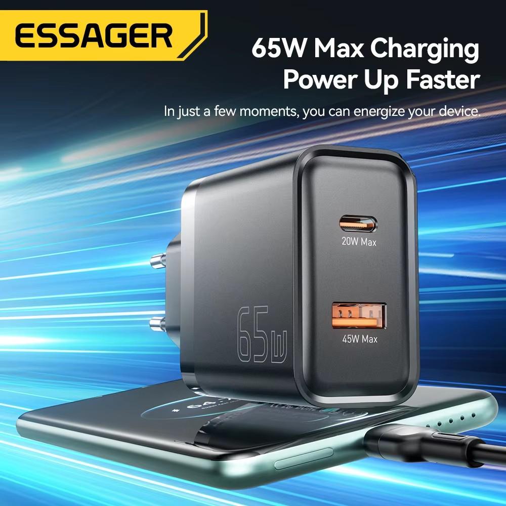 Încărcător GaN Essager 65W Încărcare rapidă QC4.0 PD3.0 Încărcător USB tip C Încărcător rapid portabil pentru laptop iPhone 15 14 13Pro MacBook