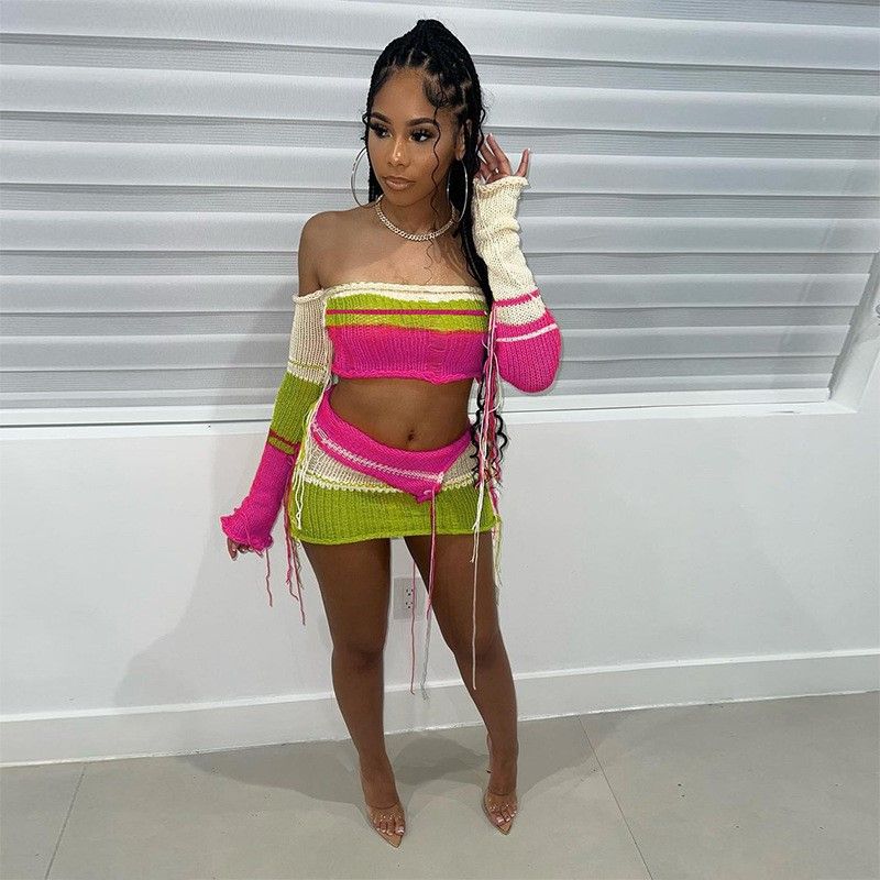 

Fashion 2023 Summer Women s Clothing New Fashionable Knitted Contrast Color Tube Top Tops High Waist Sheath Tight Skirt Outfit Red L