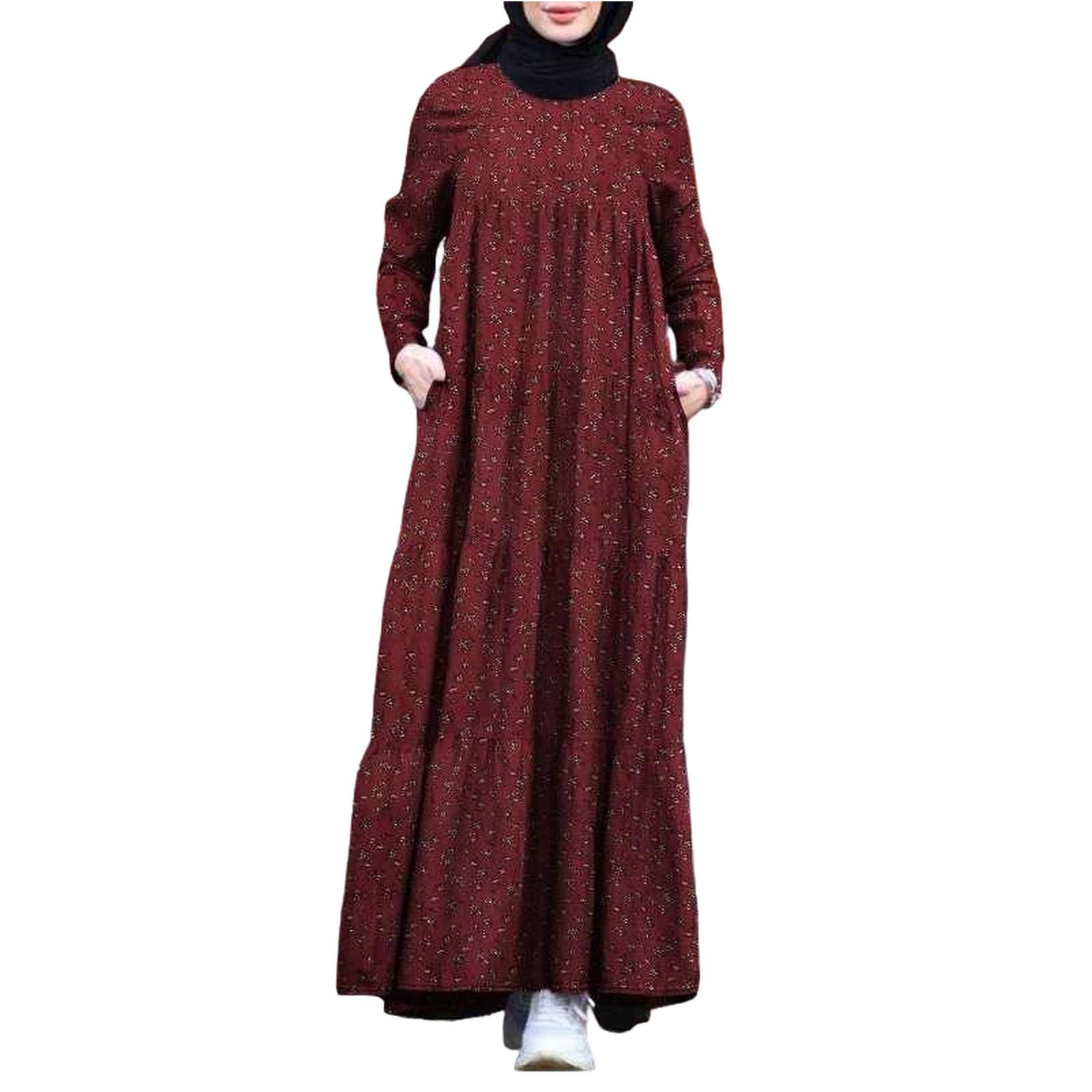 

Женская мода повседневная с круглым вырезом и длинным рукавом мусульманские цветочные платья XL винный