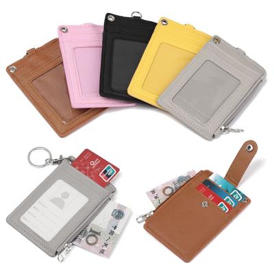 Portable Solid Color Card Holder Leather Business ID Card Credit Badge Holder Coin Purse Wallet with Keychain
