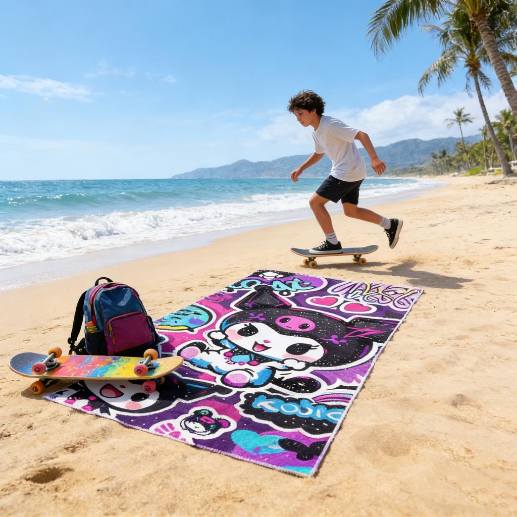Kawaii Kuromi Graffiti Beach Towel - Purple Pink Cartoon Quick Dry Towel for Beach Vacation, Swimming & Pool Use