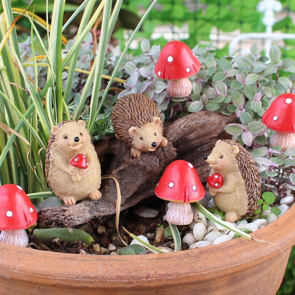 7pcs Resin Hedgehog Mushroom Statue Cartoon Garden Miniatures Figurine Animal Sculpture  Courtyard