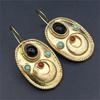 Ethnic Gold Color Oval Inlaid Red Blue Black Stone Earrings Vintage Metal Die Cast Pattern Hook Dangle Earrings