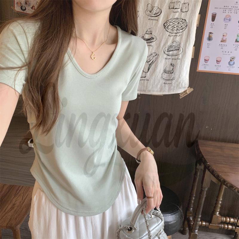 Spring/Summer Korean Style Slimming V-Neck Pleated Short Sleeve T-Shirt