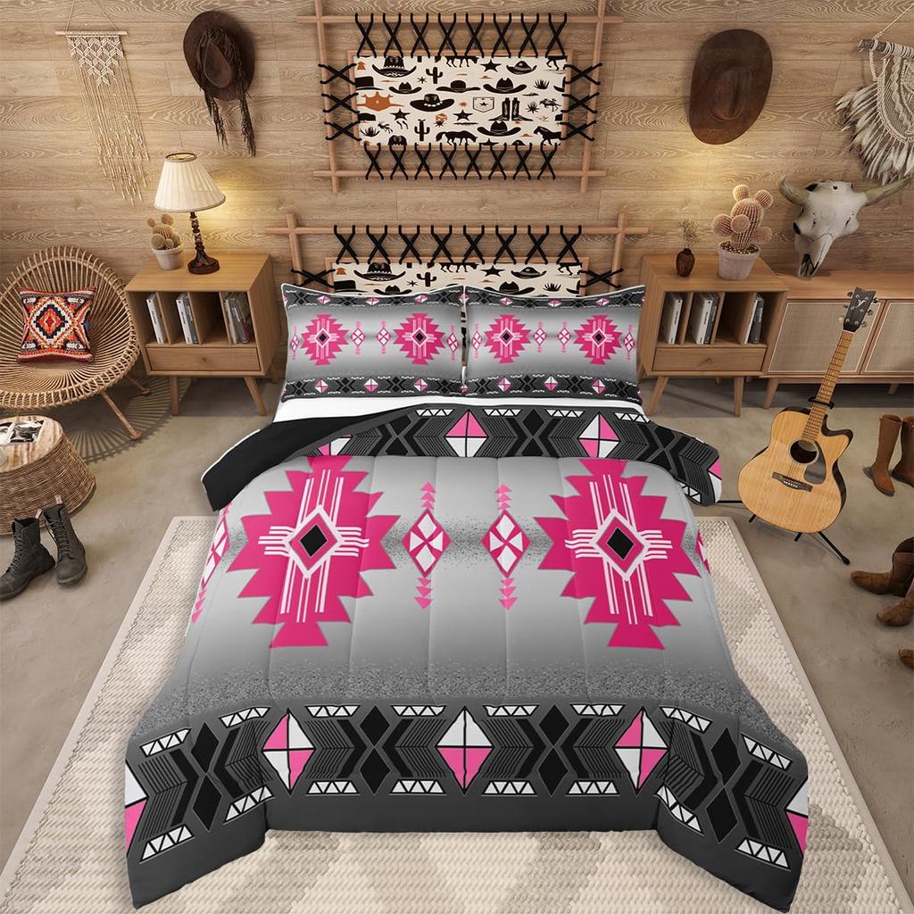 Erosebridal Western Aztec Comforter Set King Size, Boho Farmhouse Bedding Set for Kids Boys Teens Ethnic Southwest Bull Skull Cow Quilt Amer