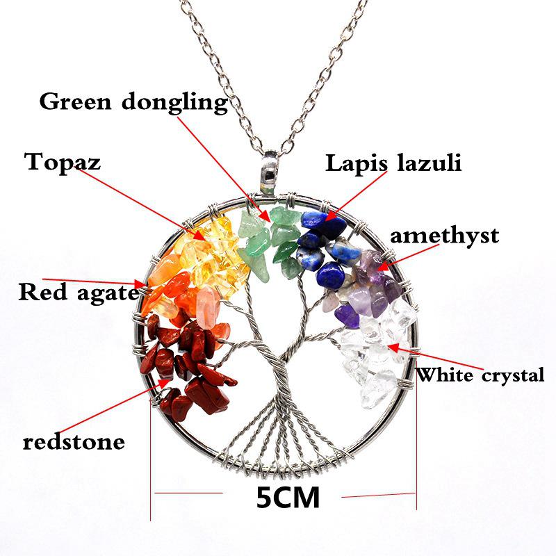 7-Color Crystal Tree of Life Pendant Necklace - Handmade Wire-Wrapped Gemstone Wealth Tree Ornament