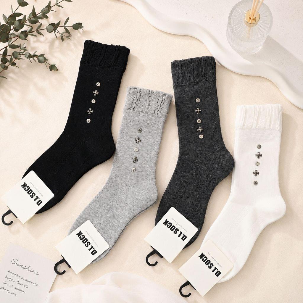 Women's Mid-Calf Socks with Metal Rivet Decor - Fine Combed Cotton, European Style Socks