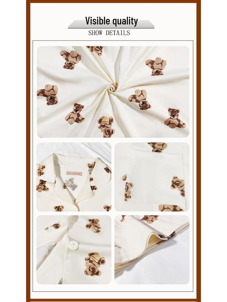 Summer Women's Japanese-Style Cute Teddy Bear Pajamas, Short-Sleeved Loose Cardigan, Casual Homewear Set.