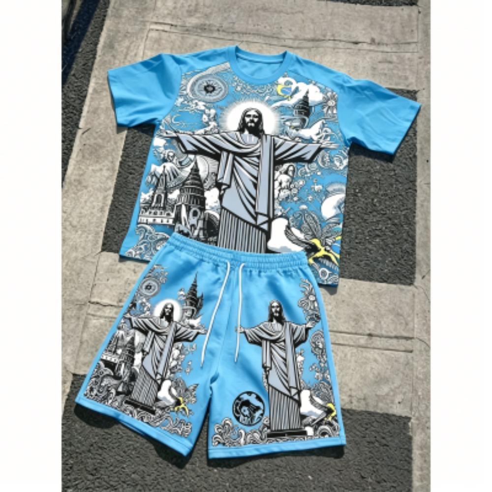 Europe and America Fashion JESUS Printing Outdoor Street Men's T-shirt and Shorts 2 Piece Set Summer Casual Outfit Men's and Women's Sports Set