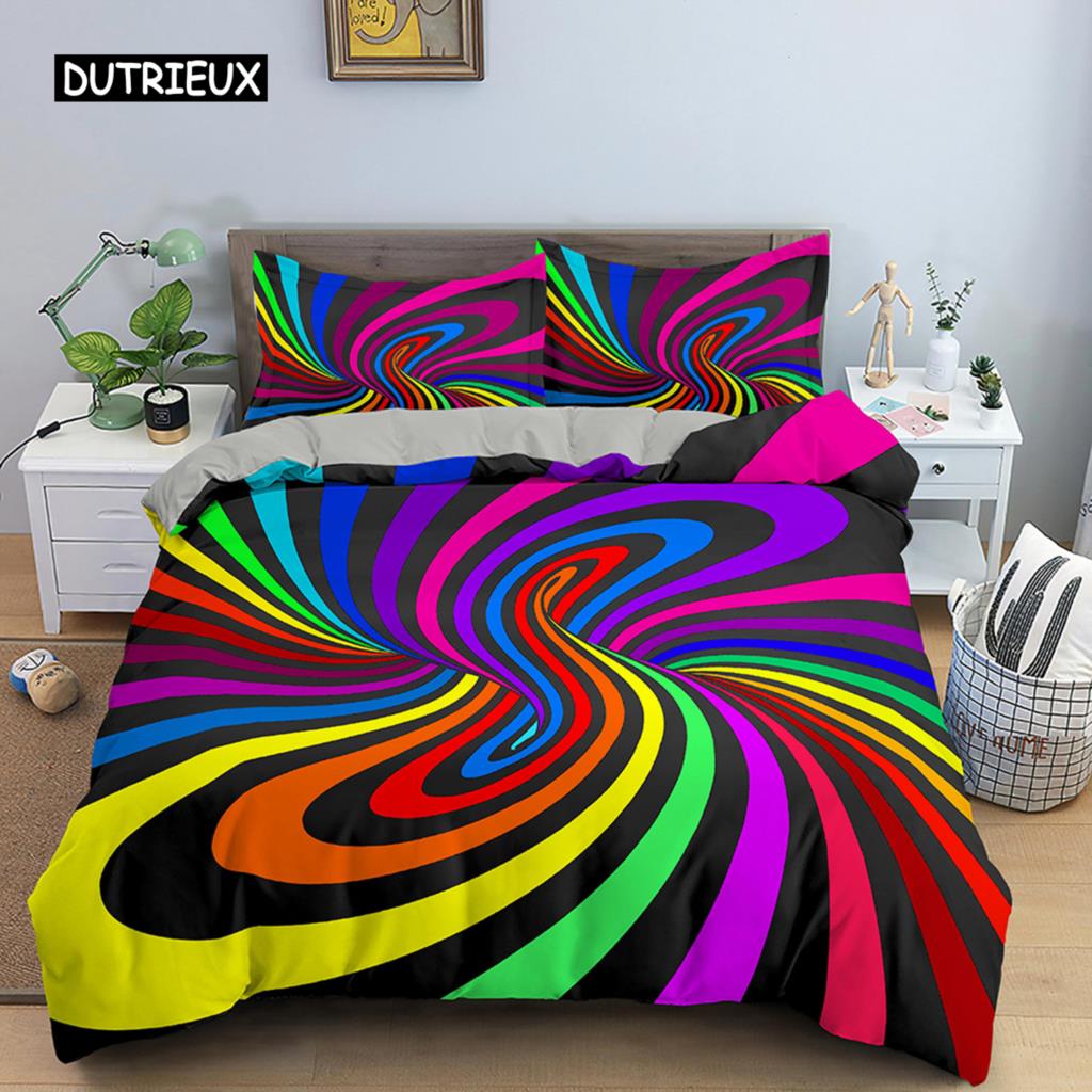 

Комплект постельного белья с разноцветными полосками, 3D-покрывало с разноцветными психоделическими полосками для подростков, комплект постельного белья из полиэстера размера King Size 140x200cm 3pcs