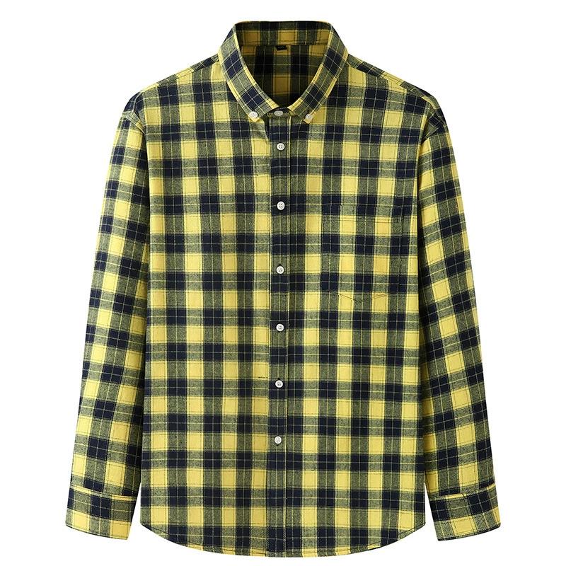 Spring and Autumn Large Size Men's Blue Brushed Long-sleeved Plaid Shirt Fat Brother Fat Guy Autumn and Winter Loose Casual Large F-neck Shirt