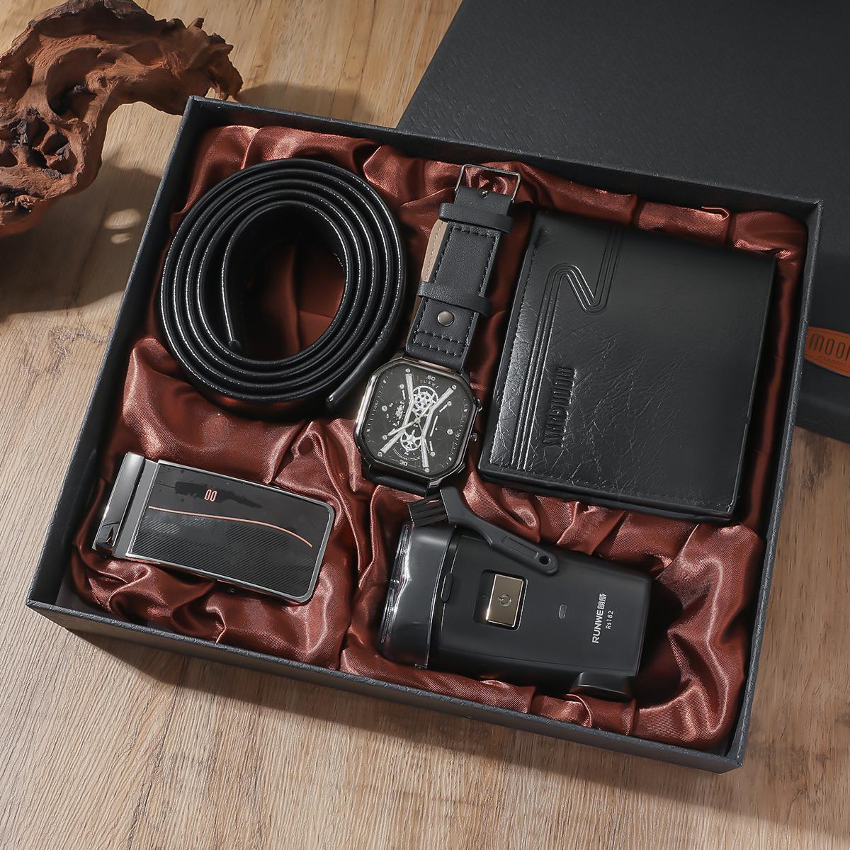 

Квадратный циферблат модный кожаный ремешок повседневные мужские спортивные кварцевые часы для личности бритва ремень кошелек подарочная коробка из 4 предметов чёрный