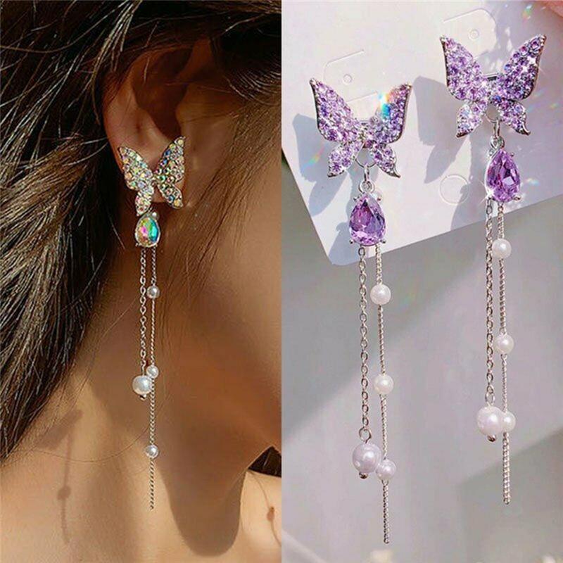 Sweet Butterfly Earrings High Sense Celebrity Style Long Style Pearl Tassels Show Face Thin Crystal Earrings Women's Ornament