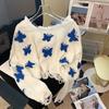 Butterfly Printed Short Sweater Sweet Women's Knitted Pullover Short Top Irregular Tassel Hem Collar Design Wide Truffle Shoulder Thin Sweater