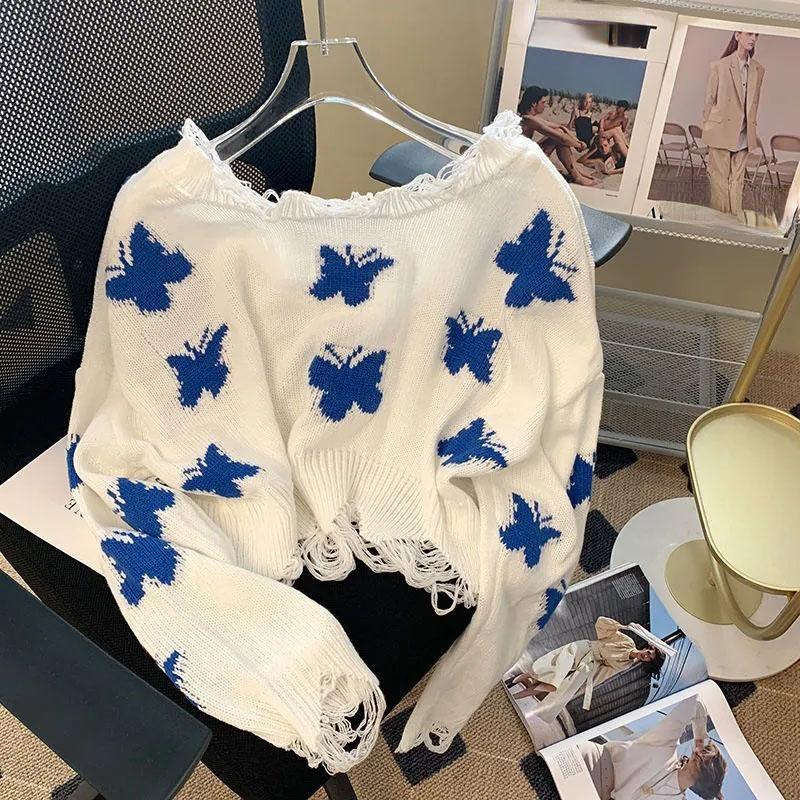 Butterfly Printed Short Sweater Sweet Women's Knitted Pullover Short Top Irregular Tassel Hem Collar Design Wide Truffle Shoulder Thin Sweater